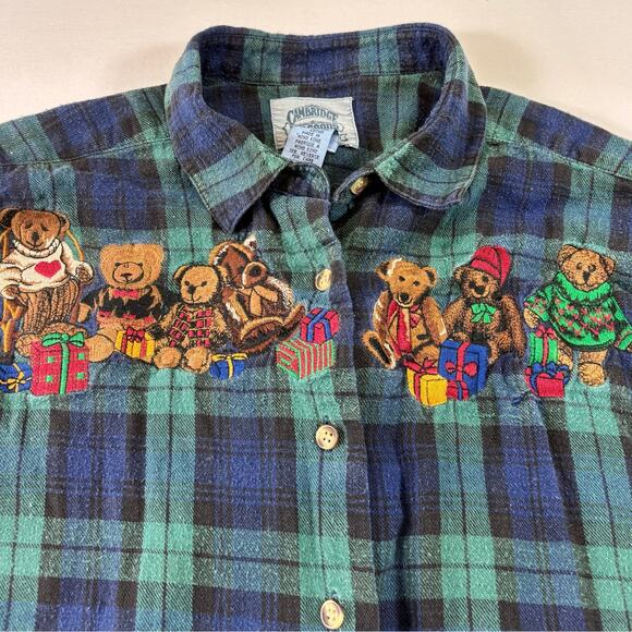 Cambridge Dry Goods Tops - Vintage 90s Teddy Bears Embroidered Plaid Flannel Button Up, Womens Size L